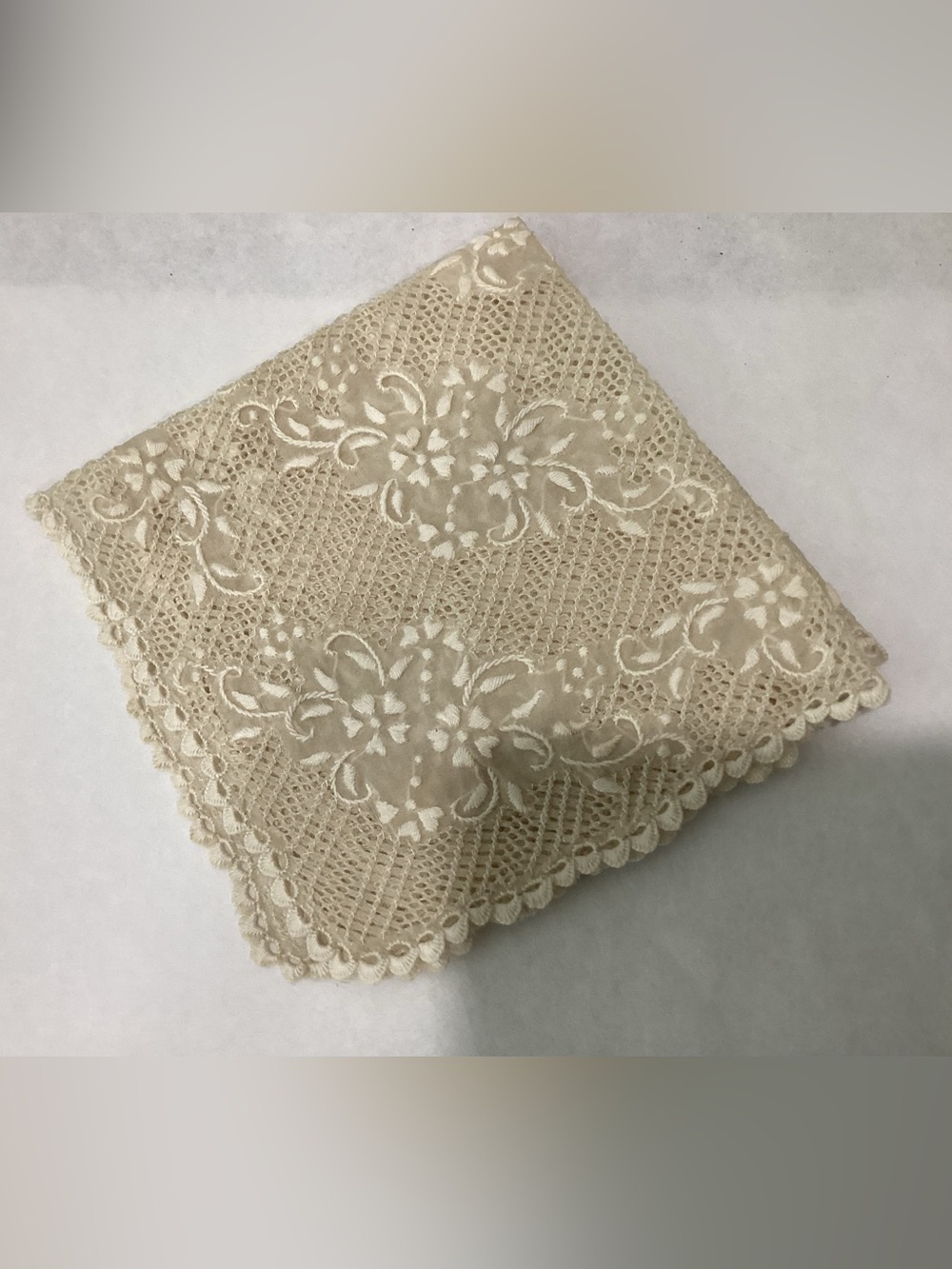 Vintage Lace handkerchief with intricate floral machine-embroidery or shadow